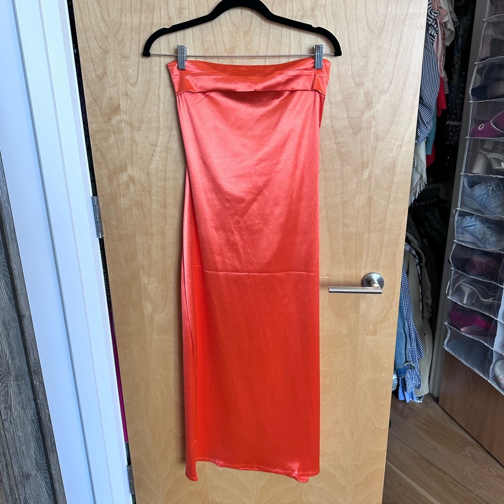 Orange Strapless Silk Midi Dress